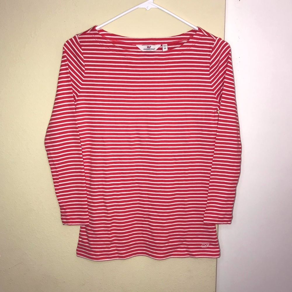 RED WHITE STRIPED SIMPLE BOATNECK LONG-SLEEVE TEE